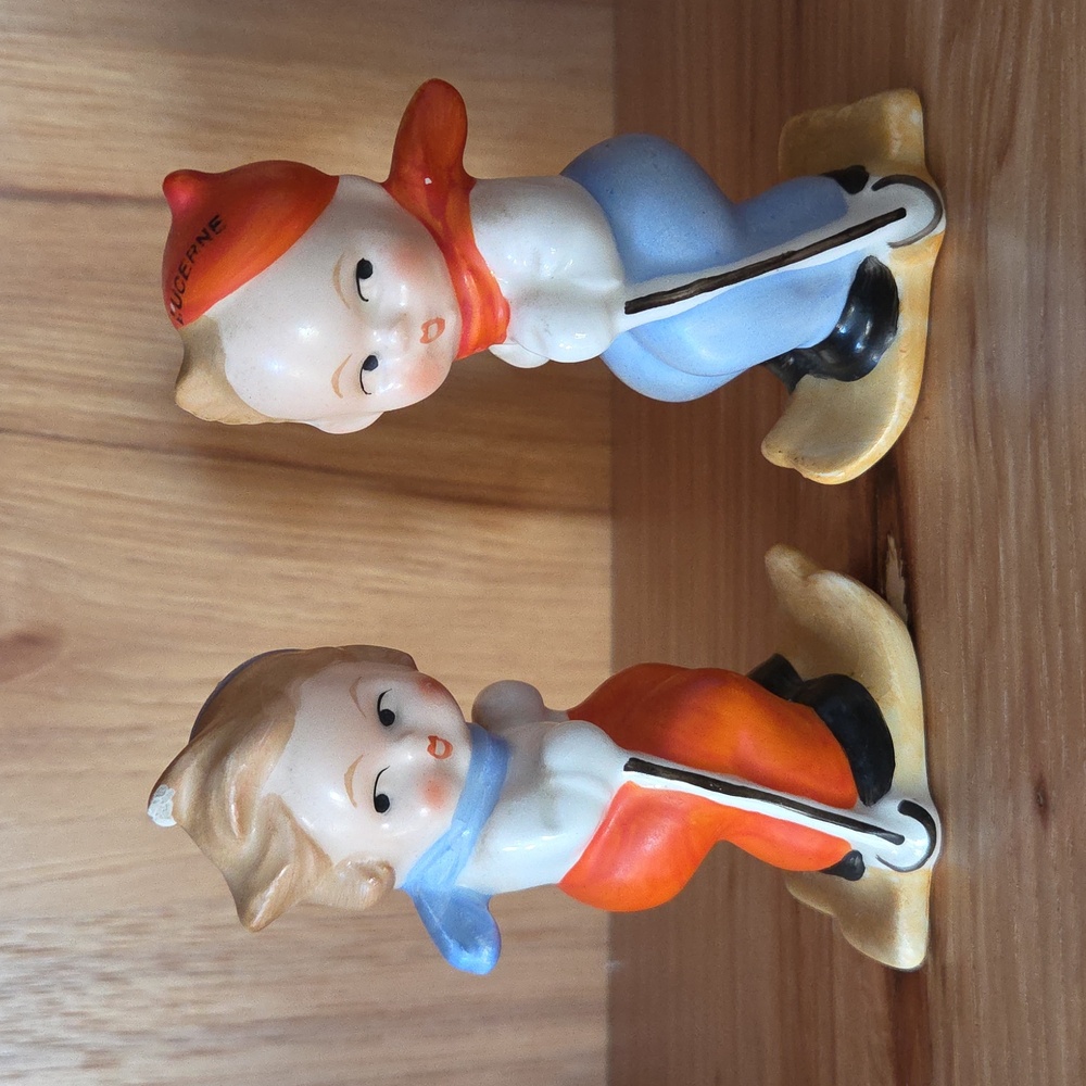 1950's Goebel Boy/Girl Skiers | Salt & Pepper Shakers | German Porcelain| Hummel